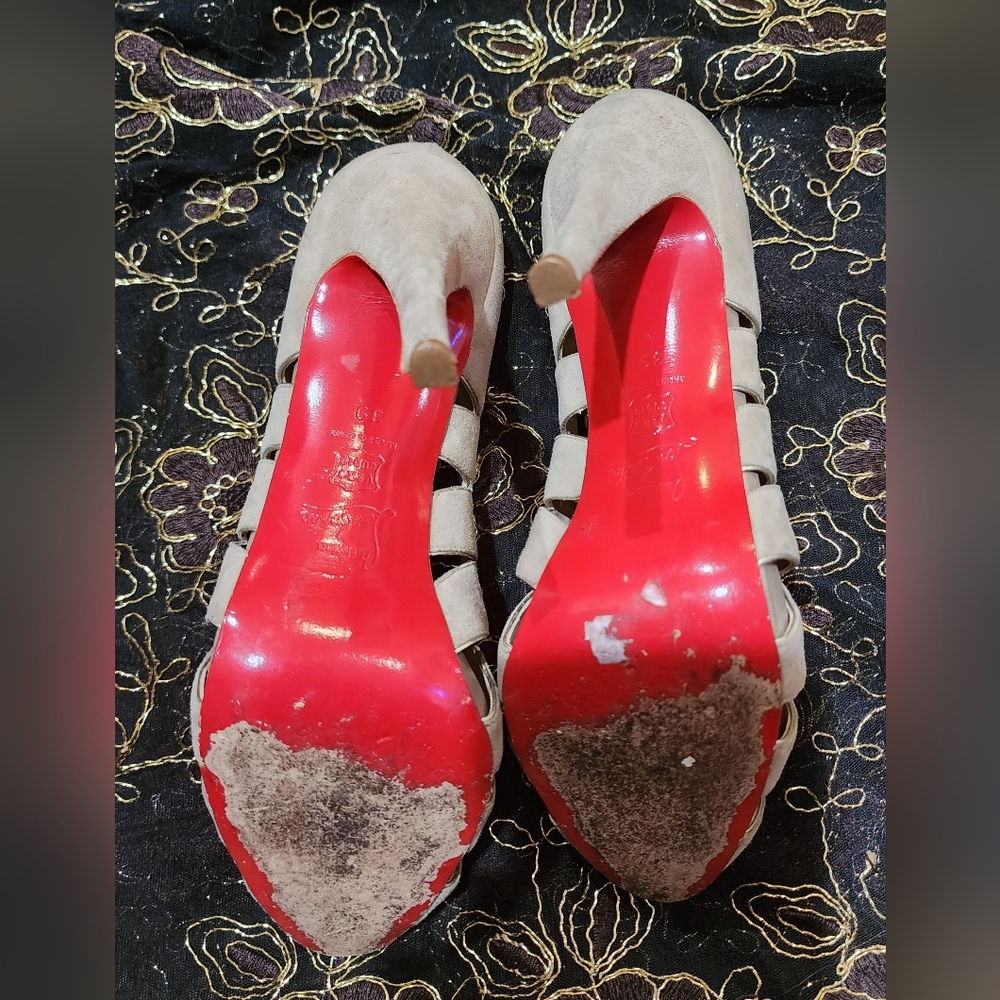 Christian Louboutin peephole heels, 39, beige suede.